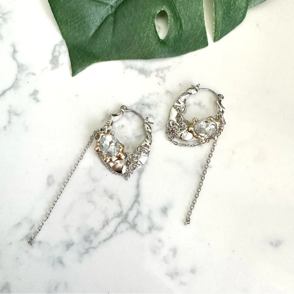Silver & Gold Hoop Earrings Rhinestone Chain Wrapped Tassel Jewelry Gift NEW